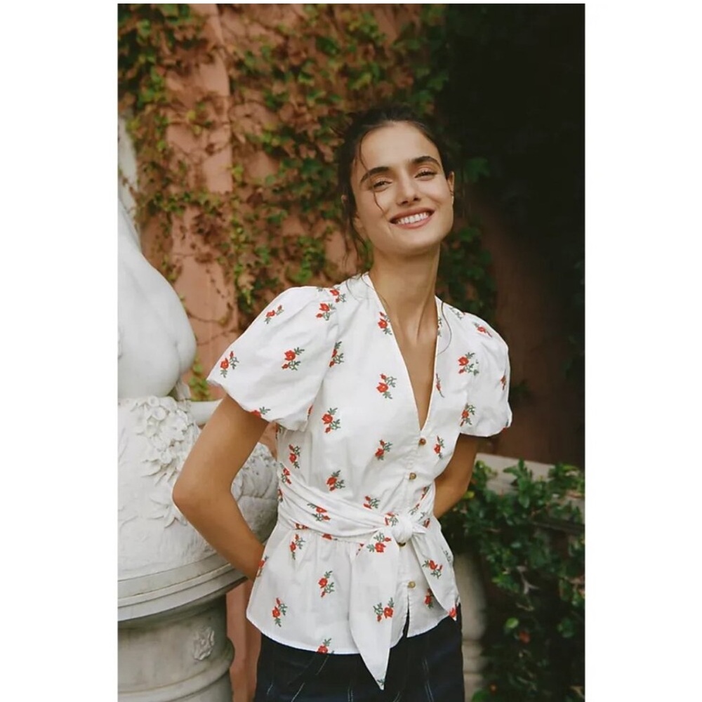 Anthropologie White Blouse with Red Floral Print